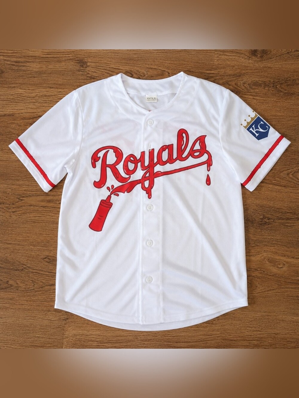 Kansas City Royals Ketchup Promo Baseball Jersey Youth XL White